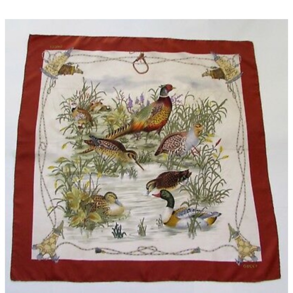 GUCCI Pheasant and Ducks Vintage Silk Scarf
